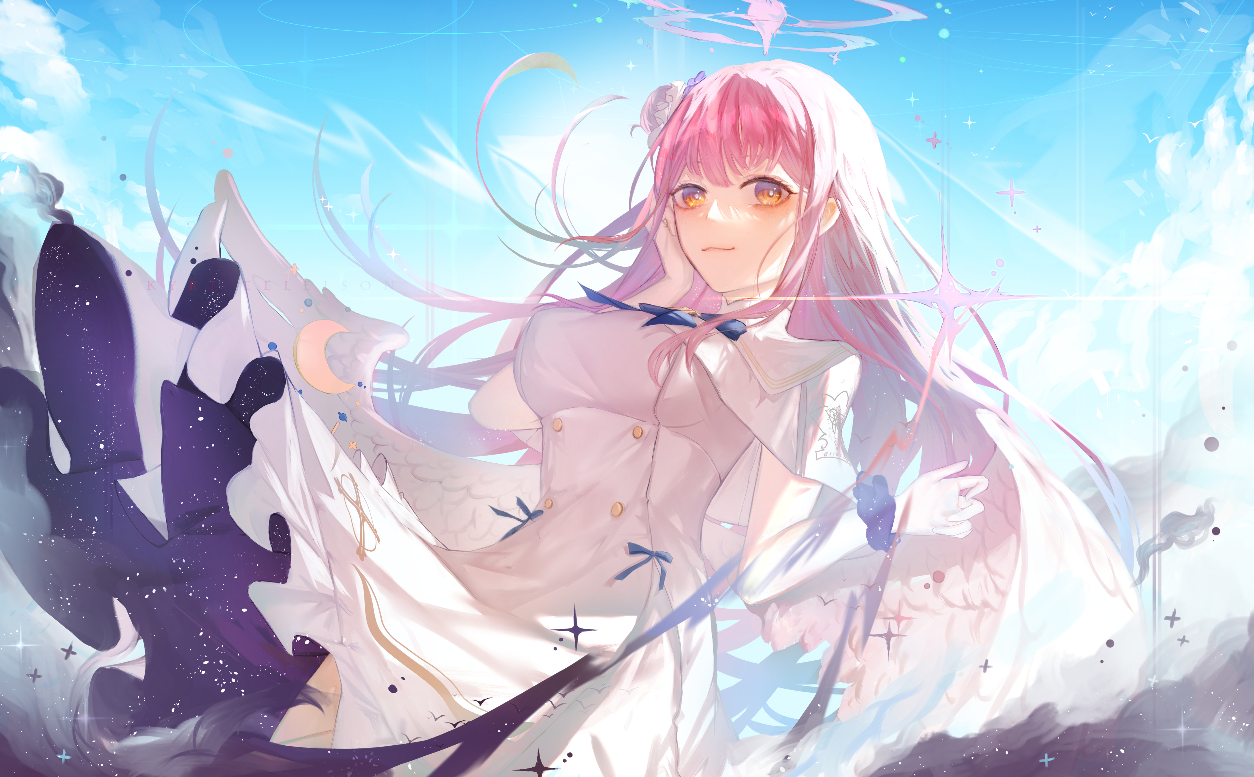 pomi (poan dan), mika (blue archive), blue archive, absurdres, highres, 1girl, angel wings, blue sky, breasts, buttons, capelet, closed mouth, crescent, dress, feathered wings, flower, hair bun, hair flower, hair ornament, halo, hand on own chest, long hair, low wings, medium breasts, pink hair, pink halo, single hair bun, single side bun, sky, smile, solo, very long hair, white capelet, white dress, white overskirt, white wings, wings, wrist cuffs