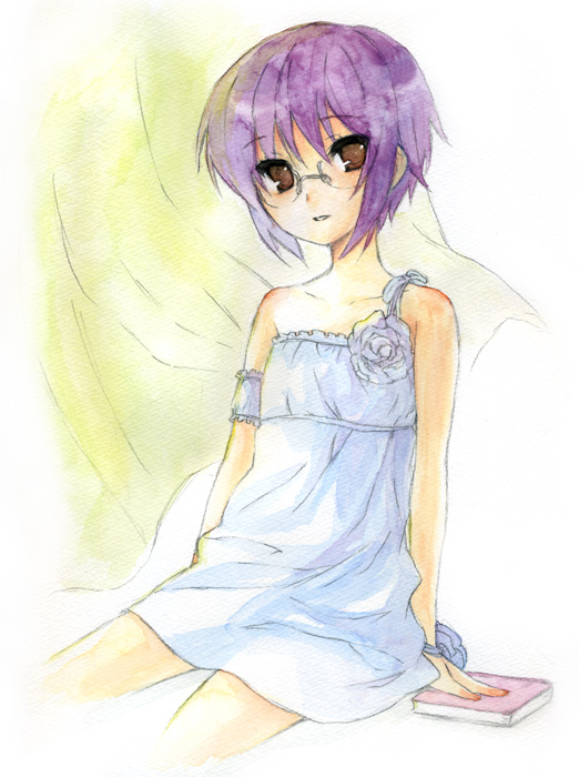 nagato yuki, suzumiya haruhi no yuuutsu, silver hair, non-web source, 00s, book, brown eyes, dress, glasses, short hair, sitting, solo, sundress