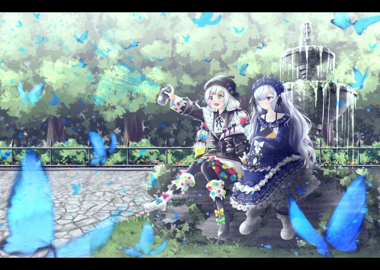 aru0607, jougasaki noa, natsume anan, mahou shoujo no majo saiban, commentary request, 2girls, artist painter, black ribbon, blue dress, bow, bug, butterfly, closed mouth, day, dress, fountain, frilled dress, frills, full body, garden, gothic lolita, grass, hair over one eye, hairband, heterochromia, holding, holding sketchbook, holding spray can, insect, letterboxed, lolita fashion, lolita hairband, long hair, long sleeves, magical girl, multi-tied hair, multicolored hair, multiple girls, neck ribbon, open mouth, outdoors, paintbrush, polka dot, polka dot bow, purple eyes, ribbon, sitting, sketchbook, sleeves past fingers, sleeves past wrists, smile, spray can, spraying, streaked hair, tree, white hair, yellow eyes