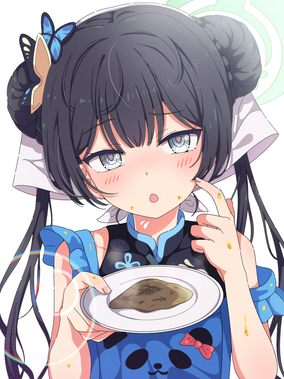 mikoshi (user wvyd4348), kisaki (blue archive), blue archive, highres, 1girl, apron, bad food, black hair, blue apron, braid, bun with braided base, butterfly hair ornament, china dress, chinese clothes, double bun, dress, food, food on face, green halo, grey eyes, hair bun, hair ornament, halo, holding, holding plate, looking at viewer, open mouth, plate, simple background, solo, twintails, white background