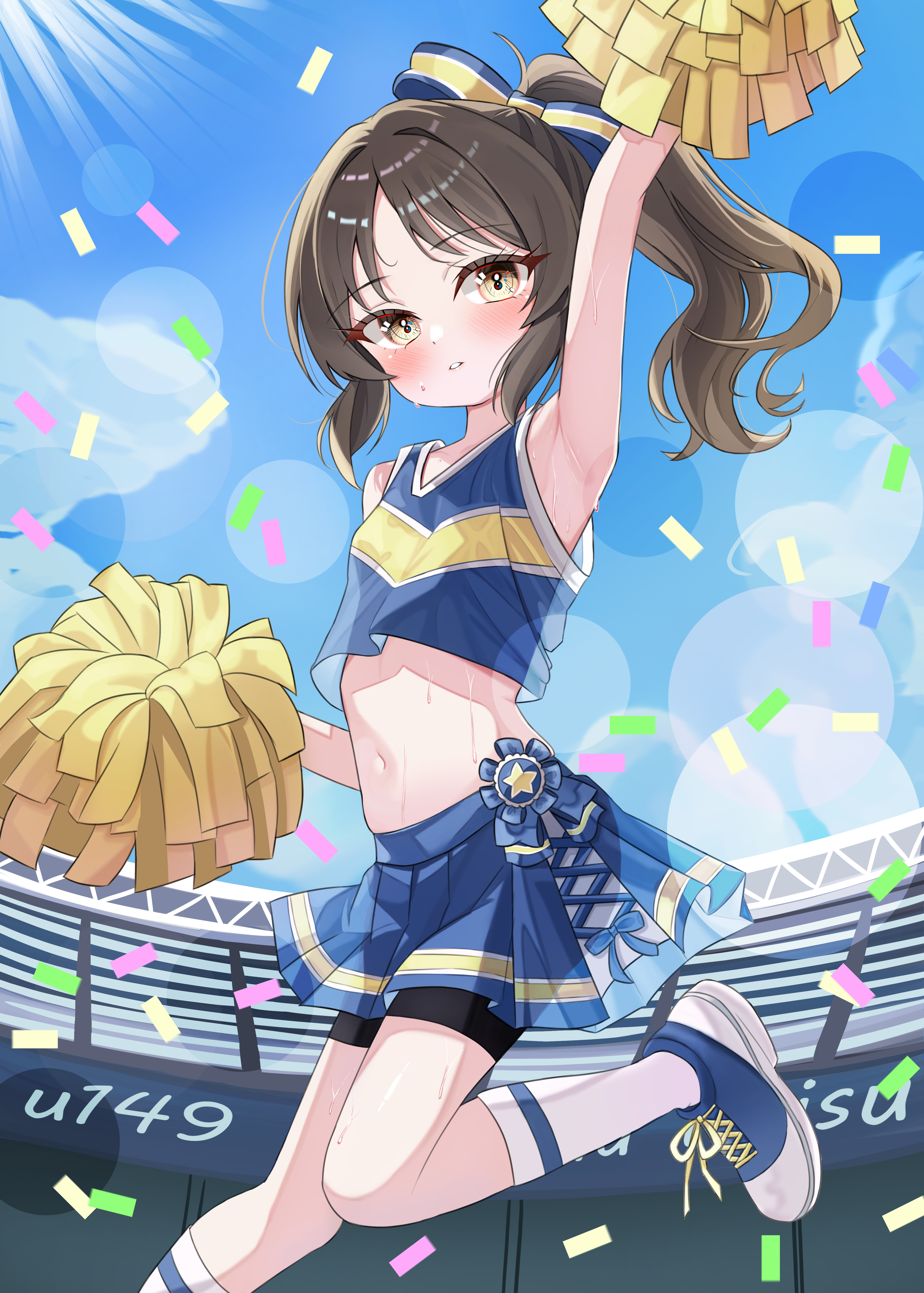 fella (vpffk0731), tachibana arisu, idolmaster, idolmaster cinderella girls, absurdres, highres, 1boy, 1girl, arm up, armpits, bare shoulders, bike shorts, bike shorts under skirt, black shorts, blue shirt, blue shoes, blue skirt, blush, breasts, brown eyes, brown hair, cheerleader, cloud, confetti, cropped shirt, day, eyelashes, foot out of frame, holding, holding pom poms, knees together feet apart, lens flare, long hair, looking at viewer, midriff, miniskirt, navel, outdoors, parted lips, pleated skirt, pom pom (cheerleading), pom poms, ponytail, see-through clothes, shirt, shoes, short shorts, shorts, shorts under skirt, skirt, sleeveless, sleeveless shirt, small breasts, socks, solo, sweat, white socks, yellow eyes
