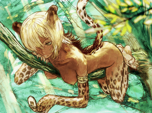 okojo, original, fur, 1girl, against tree, animal ears, animal hands, between breasts, blonde hair, breasts, cat ears, cat tail, cellphone, dark-skinned female, dark skin, female focus, hair over one eye, in tree, jungle, monster girl, nature, nude, phone, scar, short hair, solo, tail, tree, yellow eyes
