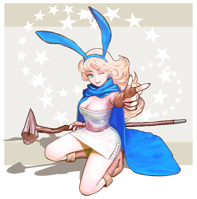 okojo, gadabout (dq3), sage (dq3), dragon quest, dragon quest iii, square enix, bad id, bad pixiv id, 1girl, animal ears, blonde hair, boots, breasts, cape, cleavage, dress, female focus, finger gun, fingerless gloves, gloves, green eyes, kneeling, long hair, one eye closed, pointing, rabbit ears, solo, squatting, staff, strapless, strapless dress, tube dress, wink