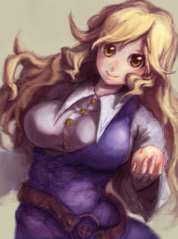 binayu, watatsuki no toyohime, silent sinner in blue, touhou, 1girl, blonde hair, breasts, female focus, food, fruit, huge breasts, long hair, peach, solo