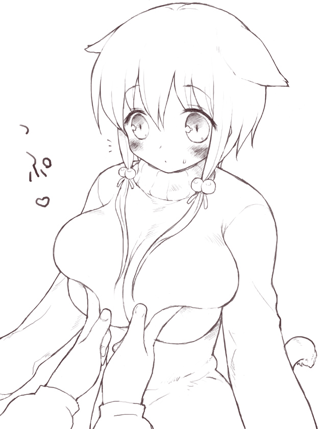 mutsutake, 1girl, animal ears, blush, breasts, breasts squeezed together, greyscale, huge breasts, monochrome, short hair, sketch, solo focus, sweater, tail