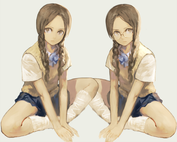 okojo, okono, braid, brown eyes, brown hair, crossed legs, dual persona, glasses, indian style, long hair, loose socks, school uniform, serafuku, sitting, socks, symmetry, twin braids