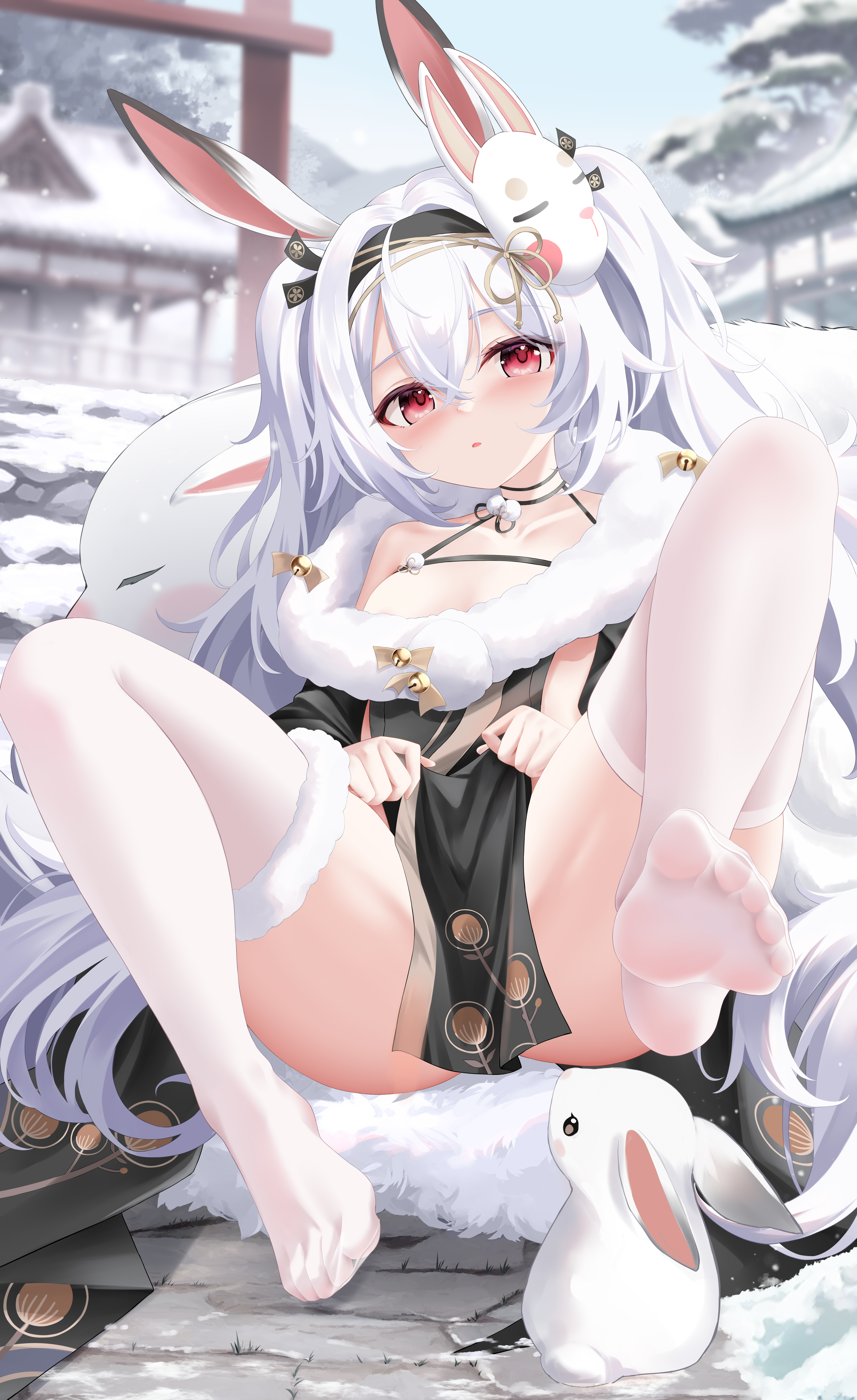 proverbs zhenyan, laffey (azur lane), azur lane, absurdres, highres, 1girl, animal ears, black hairband, breasts, fake animal ears, feet, fur-trimmed thighhighs, fur trim, hairband, legs, long hair, looking at viewer, no shoes, open mouth, pelvic curtain, rabbit, rabbit ears, red eyes, sitting, small breasts, snow, soles, solo, thighhighs, toes, torii, twintails, white hair, white thighhighs, winter