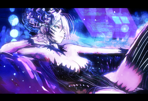 okojo, 1girl, breasts, cleavage, display, female focus, hologram, large breasts, letterboxed, lying, monitor, neon trim, short hair, sitting, solo, technology, thighhighs, white hair