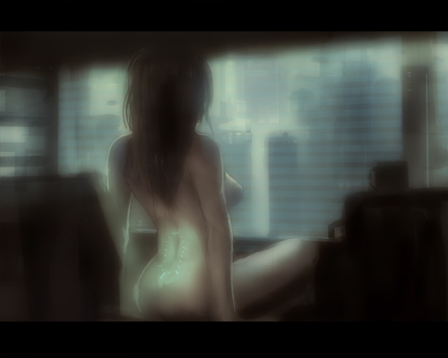 okojo, lowres, 1girl, back, brown hair, city, female focus, from behind, indoors, nude, sitting, solo, window