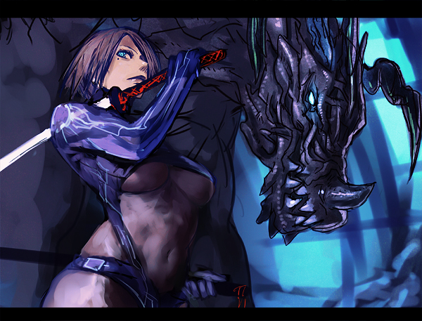 okojo, original, 1girl, blue eyes, breasts, brown hair, dragon, katana, large breasts, mole, mole under eye, short hair, sword, underboob, weapon