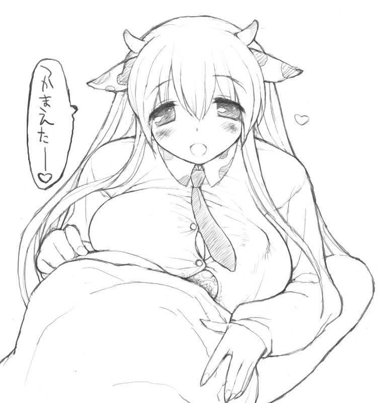 mutsutake, 1girl, animal ears, blush, breasts, cow ears, cow girl, greyscale, hair between eyes, huge breasts, long hair, monochrome, paizuri, paizuri under clothes, penis, shirt, sketch, solo focus, tight clothes, tight shirt, uncensored