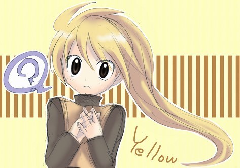 yellow (pokemon), nintendo, pokemon, pokemon adventures, lowres, 1girl, ?, character name, female focus, solo, striped background, yellow background, yellow theme