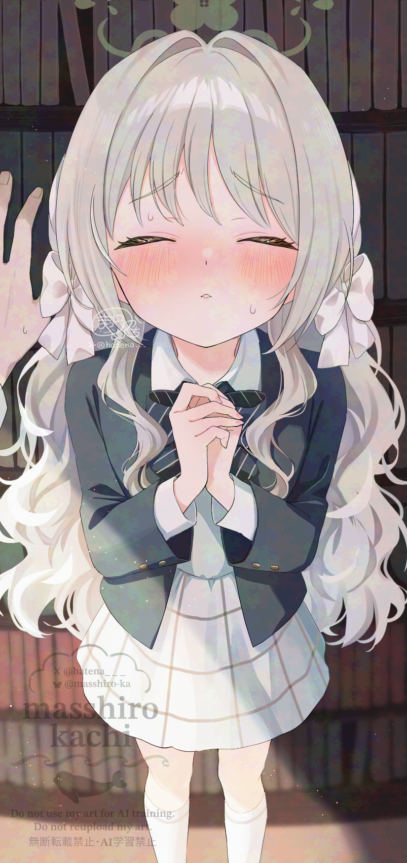 masshirokachi, miyo (blue archive), blue archive, adversarial noise, commentary, highres, 1girl, black bow, black bowtie, black jacket, blush, bow, bowtie, closed eyes, collared shirt, diagonal-striped bow, diagonal-striped bowtie, diagonal-striped clothes, facing viewer, feet out of frame, green halo, grey hair, halo, jacket, layered sleeves, long hair, long sleeves, miniskirt, nail polish, own hands together, parted lips, pink nails, school uniform, shirt, skirt, socks, solo focus, standing, straight-on, striped bow, striped bowtie, striped clothes, waiting for kiss, watermark, white shirt, white skirt, white socks