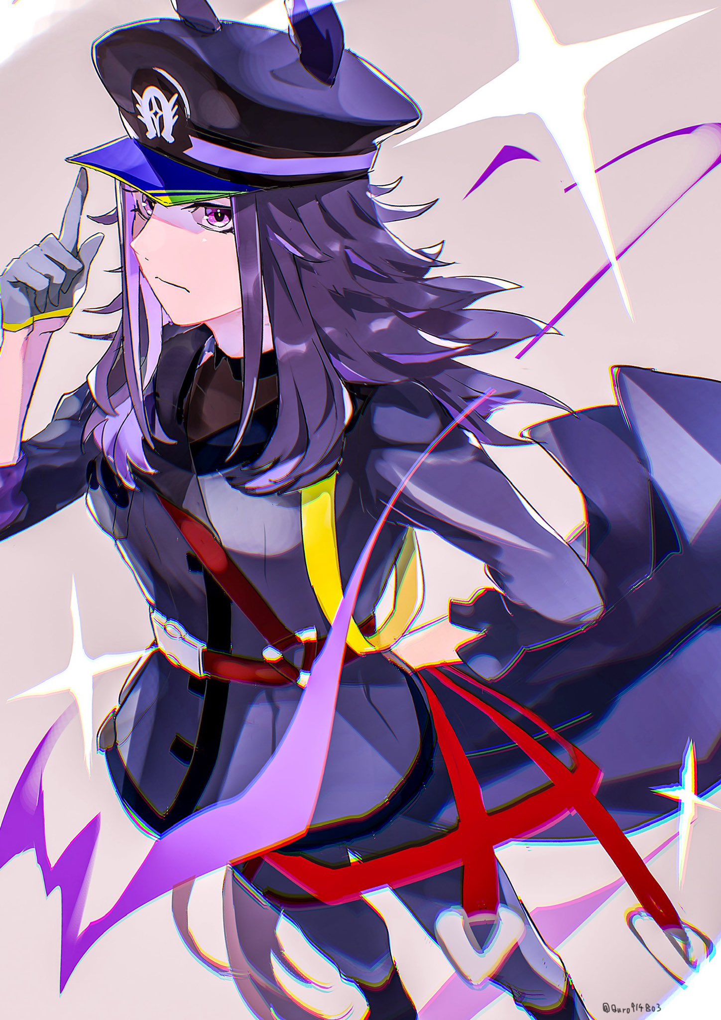 fenomeno (black flames of the righteous spirit) (umamusume), fenomeno (umamusume), umamusume, highres, 1girl, animal ears, black hair, black jacket, black shirt, closed mouth, ears through headwear, flipped hair, gloves, hat, horse ears, horse girl, horse tail, horseshoe hat ornament, horseshoe ornament, jacket, long hair, long sleeves, multicolored hair, pants, peaked cap, purple eyes, purple hair, quro914803, shirt, simple background, star (symbol), tail, white gloves