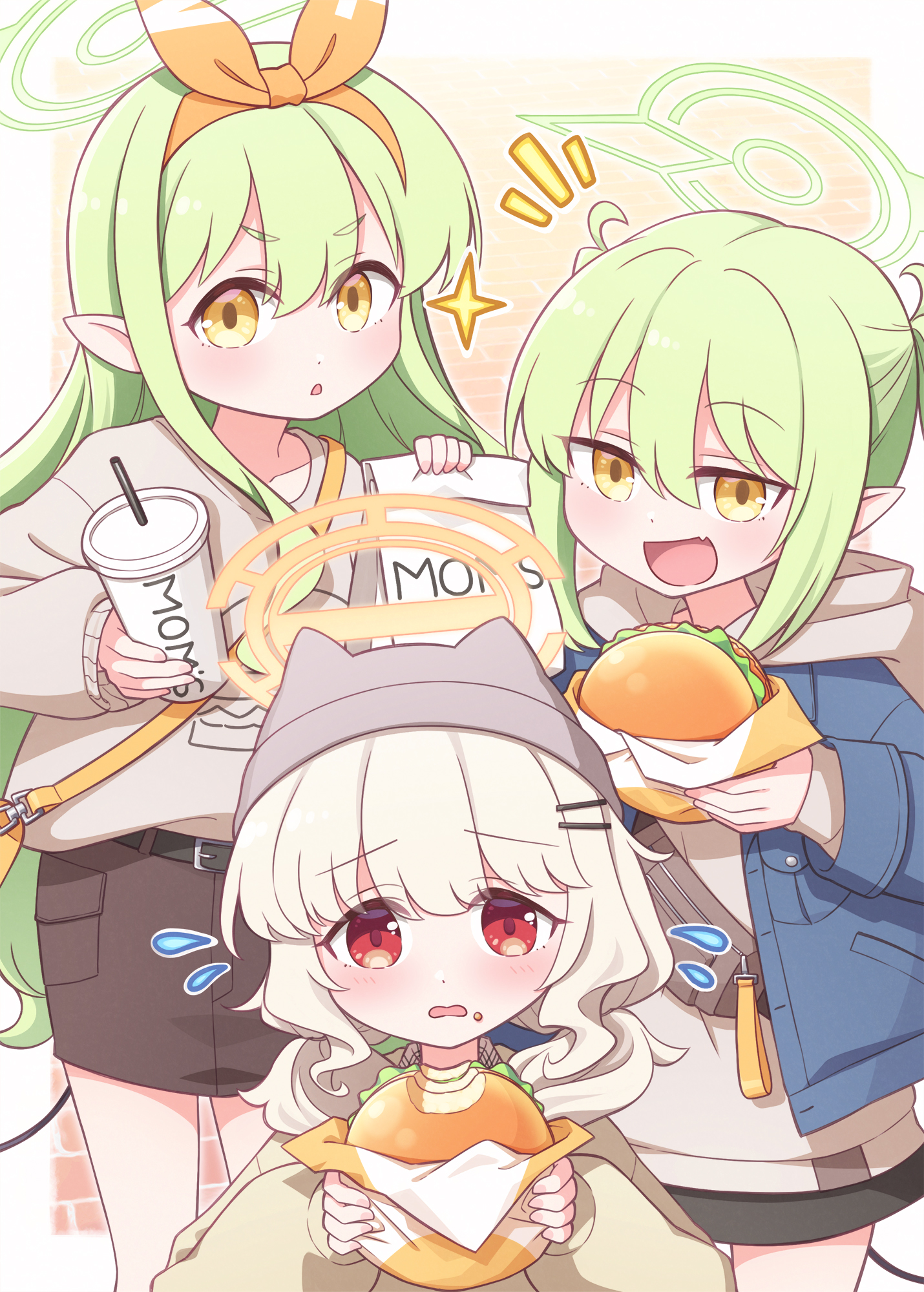 harada (sansei rain), aoba (blue archive), aoba (mom's touch) (blue archive), hikari (blue archive), hikari (mom's touch) (blue archive), nozomi (blue archive), nozomi (mom's touch) (blue archive), blue archive, commentary request, highres, 3girls, :d, beanie, black skirt, black tail, blue jacket, burger, cup, demon girl, demon tail, disposable cup, drinking straw, fang, food, food on face, green hair, green halo, grey hat, grey sweater, hair ornament, hairclip, halo, hat, holding, holding burger, holding cup, holding food, hood, jacket, long hair, long sleeves, multiple girls, notice lines, official alternate costume, open mouth, parallel hairclips, pointy ears, red eyes, skin fang, skirt, smile, sparkle, sweater, tail, thick eyebrows, twintails, v-shaped eyebrows, white hair, yellow eyes, yellow halo