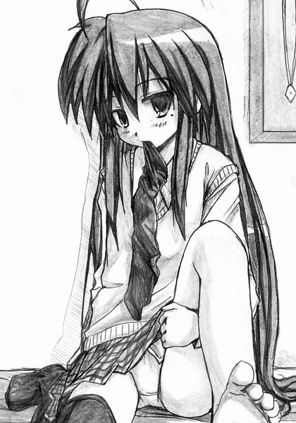 shimahiro, izumi konata, lucky star, bad id, 00s, 1girl, asymmetrical clothes, barefoot, feet, female focus, greyscale, long hair, mole, mole under eye, monochrome, mouth hold, panties, single thighhigh, skirt, solo, sweater, thighhighs, underwear, very long hair