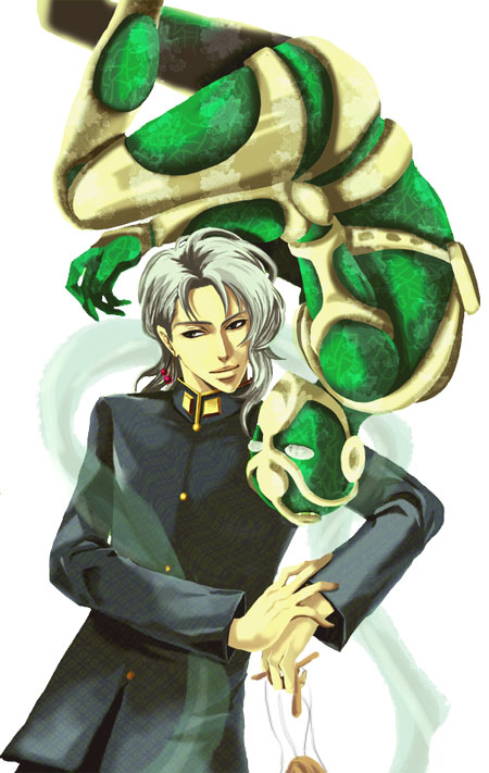 hierophant green, kakyoin noriaki, jojo no kimyou na bouken, silver hair, 1boy, earrings, gakuran, green eyes, jewelry, male focus, puppet, school uniform, serafuku, shawl, solo, stand (jojo)