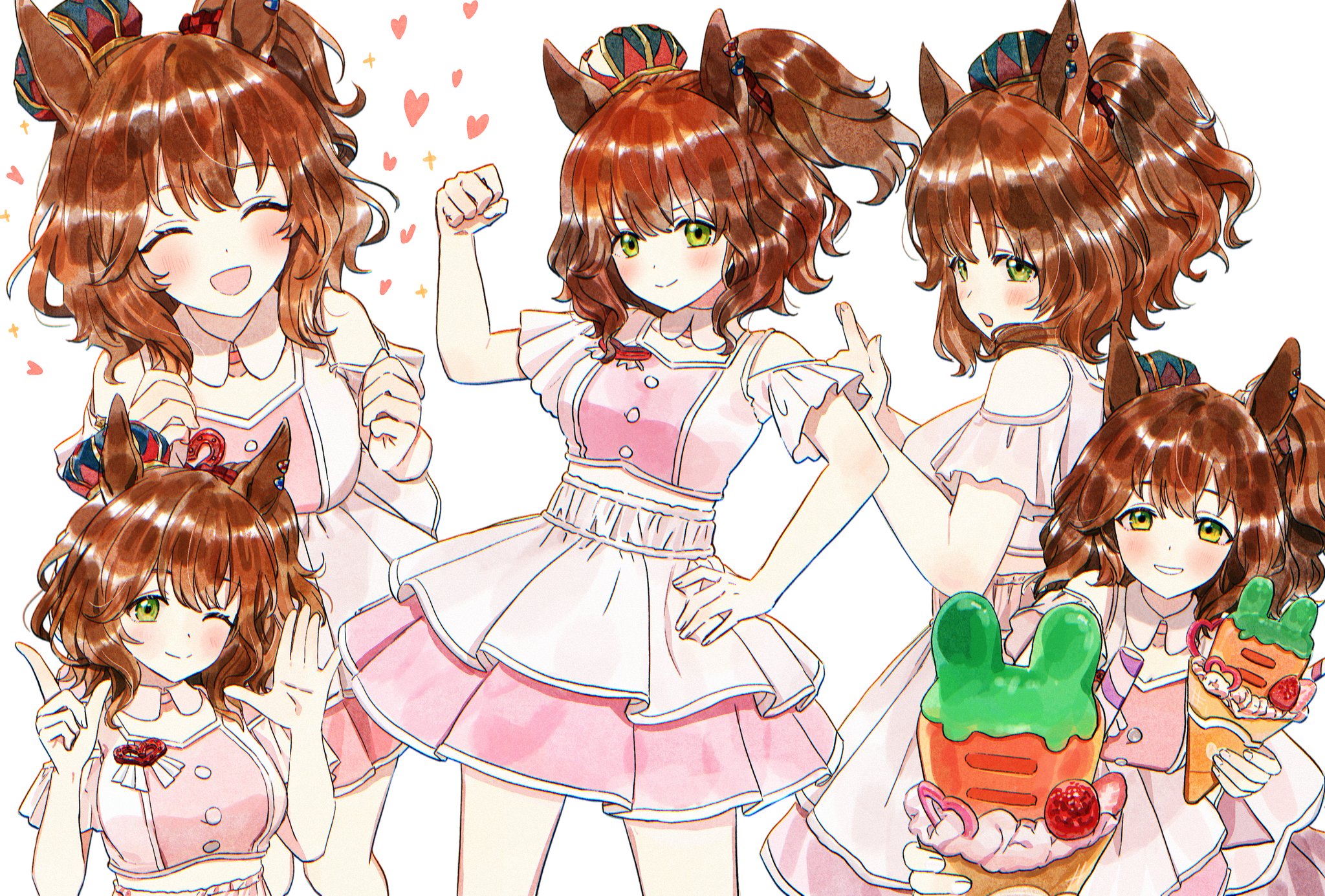 aston machan (umamusume), umamusume, highres, 1girl, animal ears, blush, breasts, brown hair, carrot, closed eyes, closed mouth, clothing cutout, crepe, crown, ear ornament, food, green eyes, grin, hair between eyes, hair ornament, heart, holding, holding crepe, holding food, horse ears, horse girl, kimidare535, layered skirt, looking at viewer, medium hair, meni shuki rush-sshu!, midriff peek, one eye closed, open mouth, pink shirt, pink skirt, poses, shirt, shoulder cutout, simple background, skirt, smile, tilted headwear