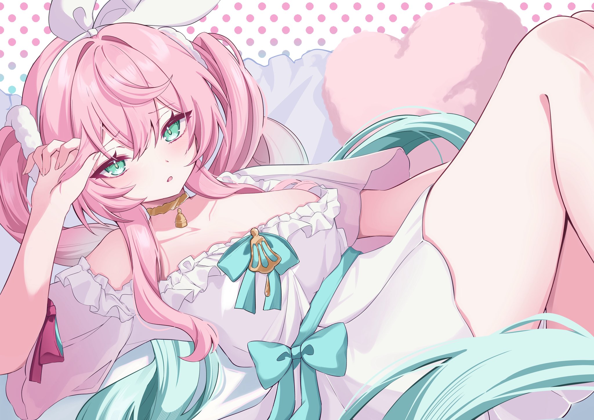 eugeo 032, hyacine (honkai: star rail), honkai: star rail, honkai (series), highres, 1girl, alternate costume, aqua hair, aqua ribbon, bare shoulders, bed, bow, breasts, choker, dress, frills, green eyes, headband, light blush, long hair, medium breasts, multicolored hair, parted lips, pillow, pink bow, pink hair, polka dot, polka dot background, ribbon, thighs, twintails, two-tone hair, very long hair, white dress, white headband, yellow choker