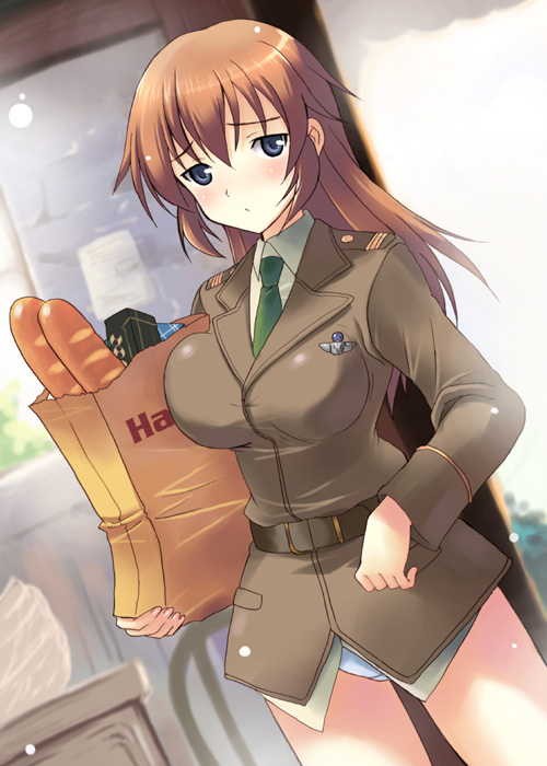 kyogoku shin, charlotte e. yeager, strike witches, world witches series, uniform, bad id, bad pixiv id, 00s, 1girl, blush, breasts, female focus, groceries, large breasts, long hair, orange hair, panties, solo, underwear