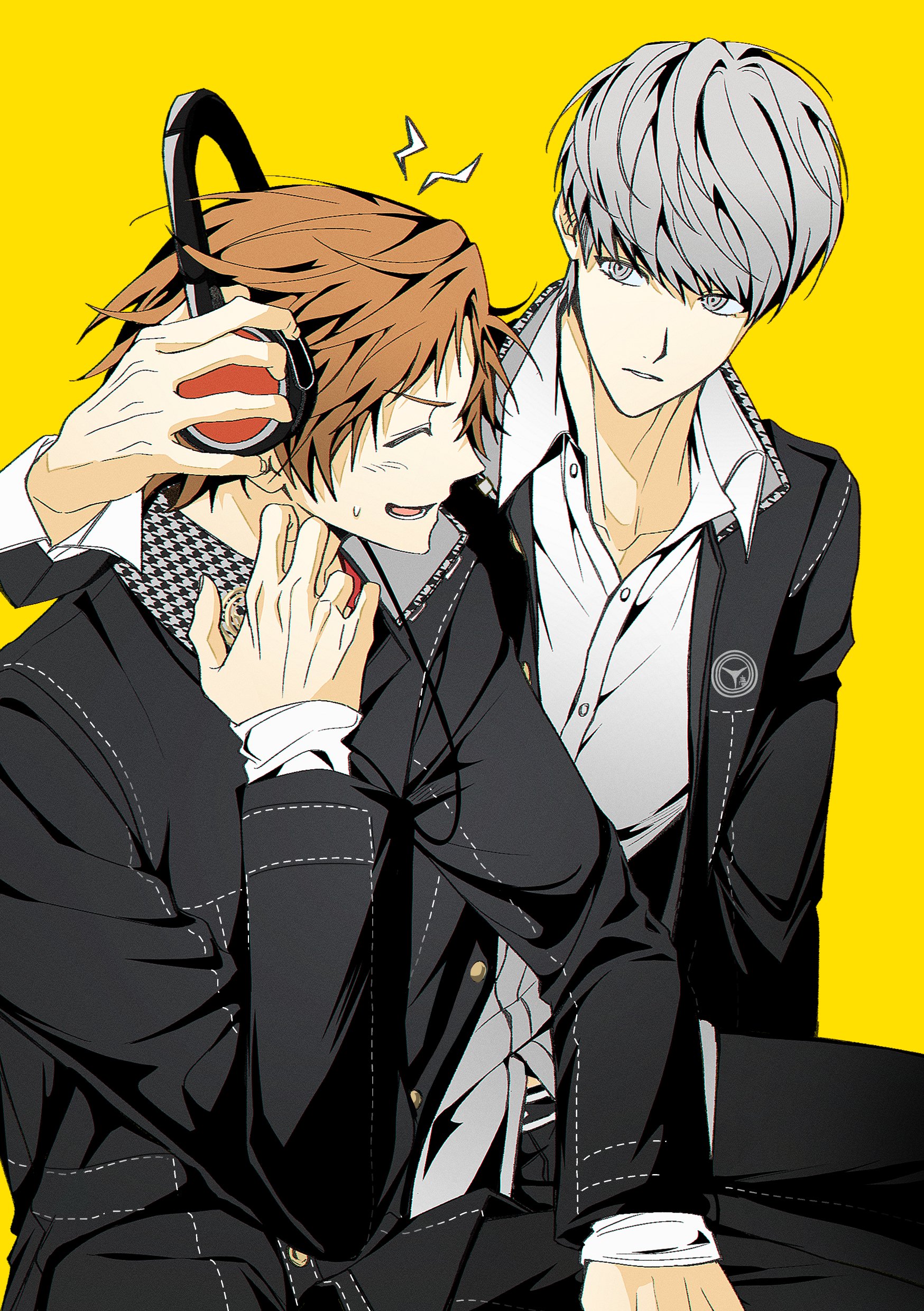 hanamura yousuke, narukami yu, persona, persona 4, absurdres, highres, 2boys, arm at side, black jacket, black pants, closed eyes, collarbone, cowboy shot, dress shirt, grey eyes, grey hair, hand on own thigh, hand up, headphones, holding, holding headphones, jacket, long sleeves, looking at another, male focus, multiple boys, nervous smile, open clothes, open jacket, open mouth, orange hair, pants, parted lips, sa1meunegg, school uniform, shirt, short hair, simple background, sitting, smile, sweatdrop, swept bangs, very short hair, white shirt, yasogami school uniform, yellow background