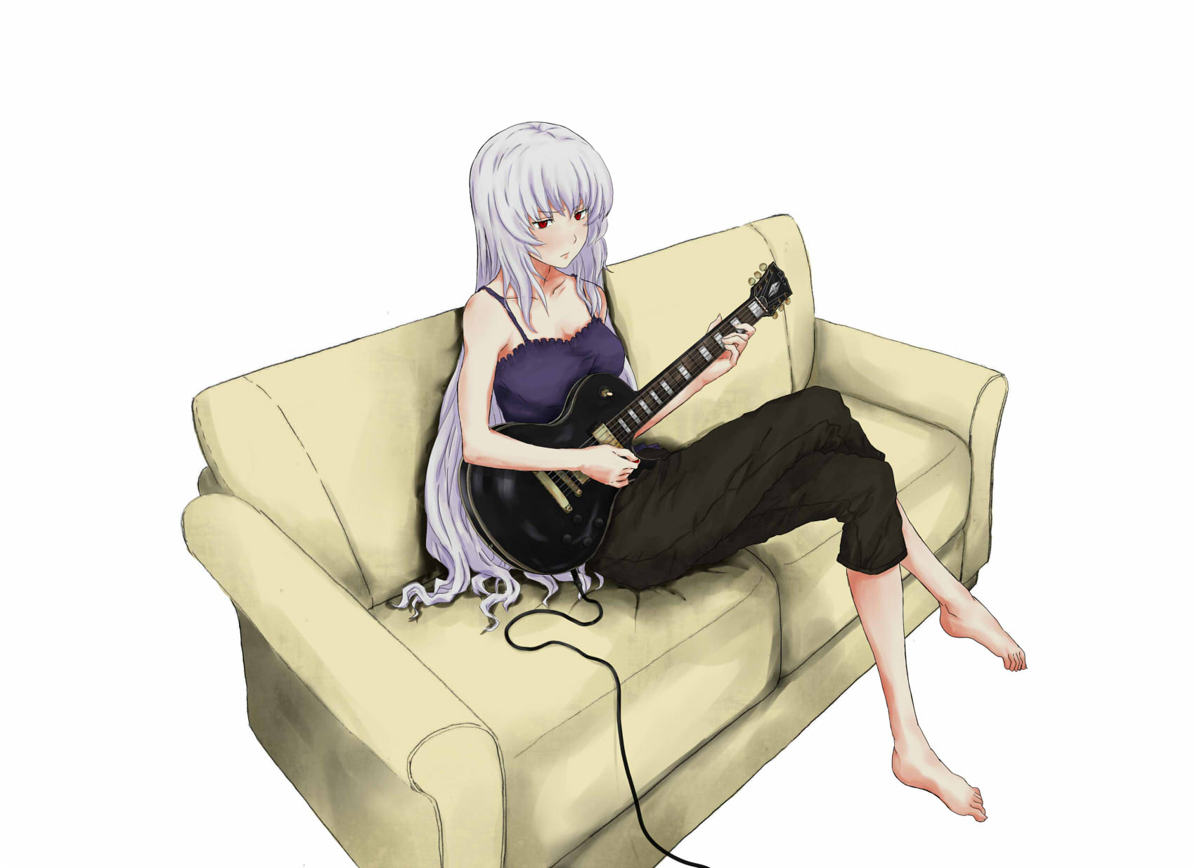 onoguru, suigintou, gibson, rozen maiden, silver hair, bad id, bad pixiv id, highres, 00s, 1girl, aged up, barefoot, capri pants, couch, crossed legs, electric guitar, feet, female focus, gibson les paul, guitar, instrument, long hair, pants, red eyes, sitting, solo, tank top
