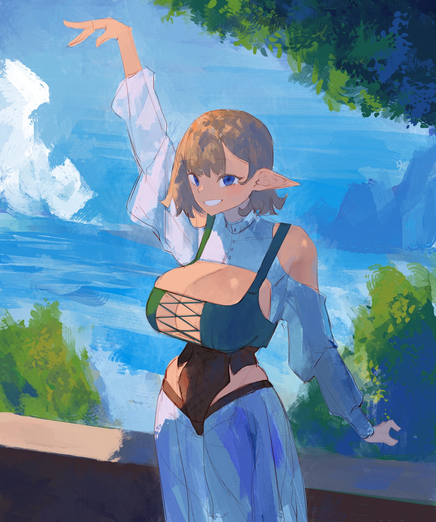 hazuki kazue, original, highres, 1girl, arm up, blonde hair, blue eyes, bob cut, breast cutout, breasts, cleavage, clenched teeth, clothing cutout, dress, elf, hair behind ear, high collar, hip vent, huge breasts, lace-trimmed tank top, lace trim, long sleeves, looking at viewer, ocean, outdoors, pointy ears, shirt, short hair, shoulder cutout, smile, solo, standing, teeth, white shirt