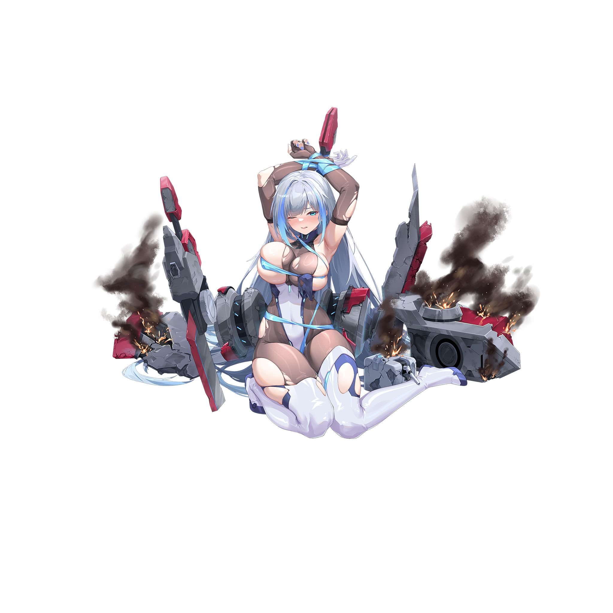 warship girls r, artist request, bad link, highres, official art, second-party source, 1girl, aqua eyes, arms behind head, arms up, blush, bodystocking, boots, breasts, covered navel, elbow gloves, fingerless gloves, full body, gloves, large breasts, leotard, long hair, looking at viewer, mitscher (warship girls r), one eye closed, restrained, rigging, smoke, solo, thigh boots, thighs, torn bodystocking, torn boots, torn clothes, torn gloves, torn leotard, transparent background, white leotard