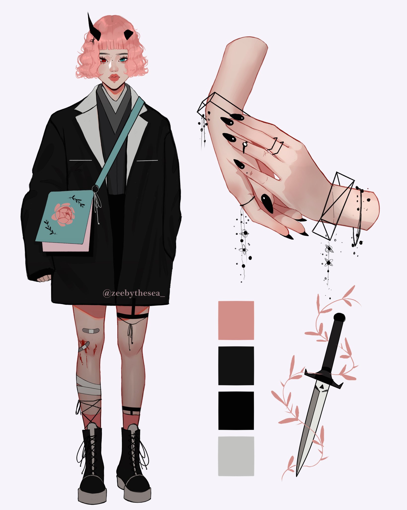 zeebythesea, original, highres, 1girl, aegyo sal, ankle strap, aqua bag, aqua eyes, asian, bag, bandaged ankle, bandaid, bandaid on knee, bandaid on leg, black boots, black horns, black jacket, black nails, black skirt, bob cut, boots, bracelet, broken horn, color guide, colored lapels, eyelashes, fashion, fingernails, floral print, full body, geometry, grey kimono, hand in pocket, hand on own arm, heterochromia, horns, injury, jacket, japanese clothes, jewelry, kimono, knife, lapels, long fingernails, math, mole, mole on forehead, multiple rings, oversized jacket, pink hair, pink leaf, pink socks, platform boots, red eyes, reference sheet, ring, short bangs, short hair, short kimono, shoulder bag, skirt, sleeves past wrists, socks, standing, streetwear, thick eyebrows, thick lips, thigh strap, twitter username, wavy hair