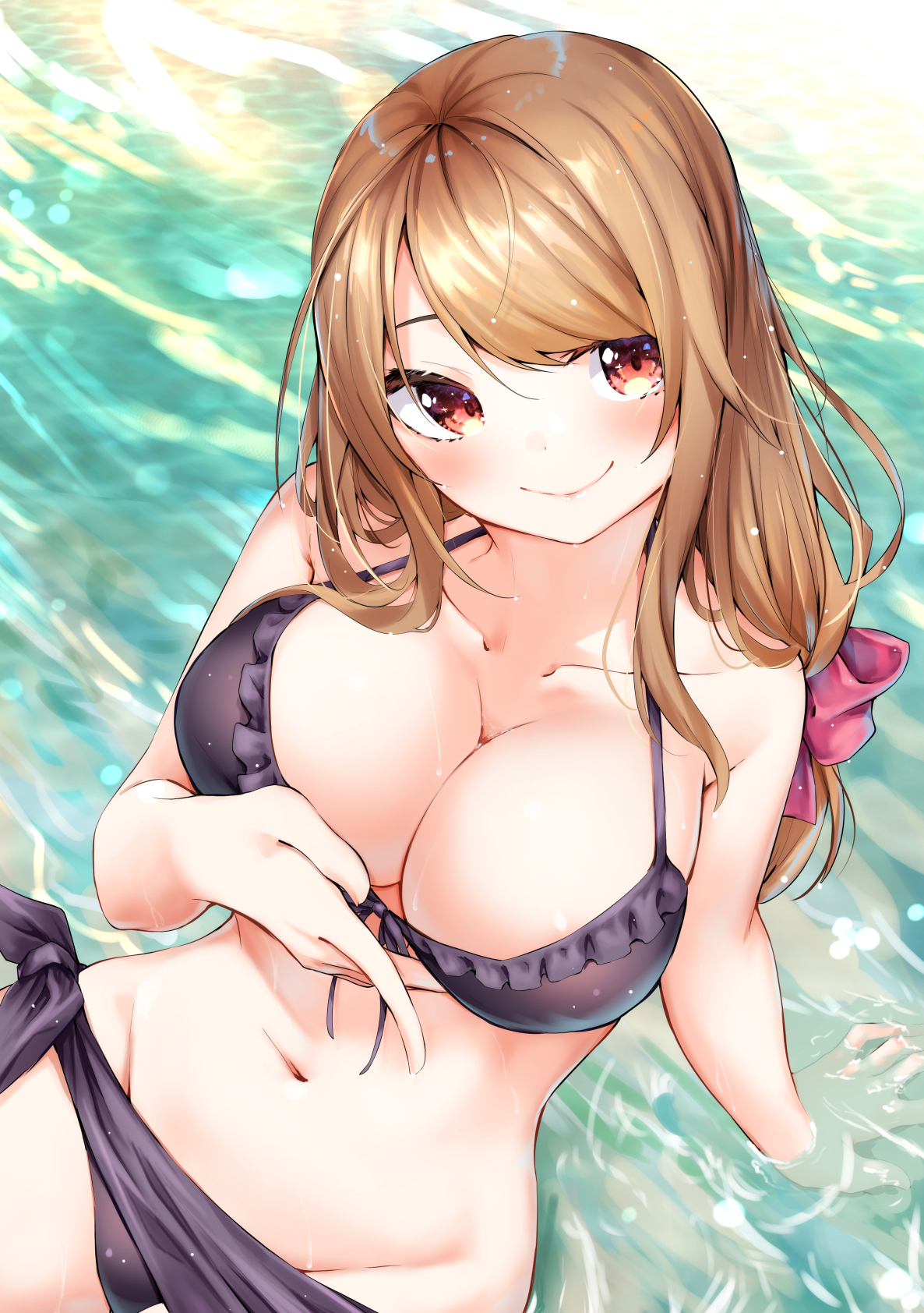sahara386, akitsu maya, sex and dungeon, commentary, highres, 1girl, arm support, bikini, breasts, brown bikini, brown eyes, brown hair, cleavage, closed mouth, collarbone, hair ribbon, large breasts, long hair, looking at viewer, navel, red ribbon, ribbon, smile, solo, swimsuit, water