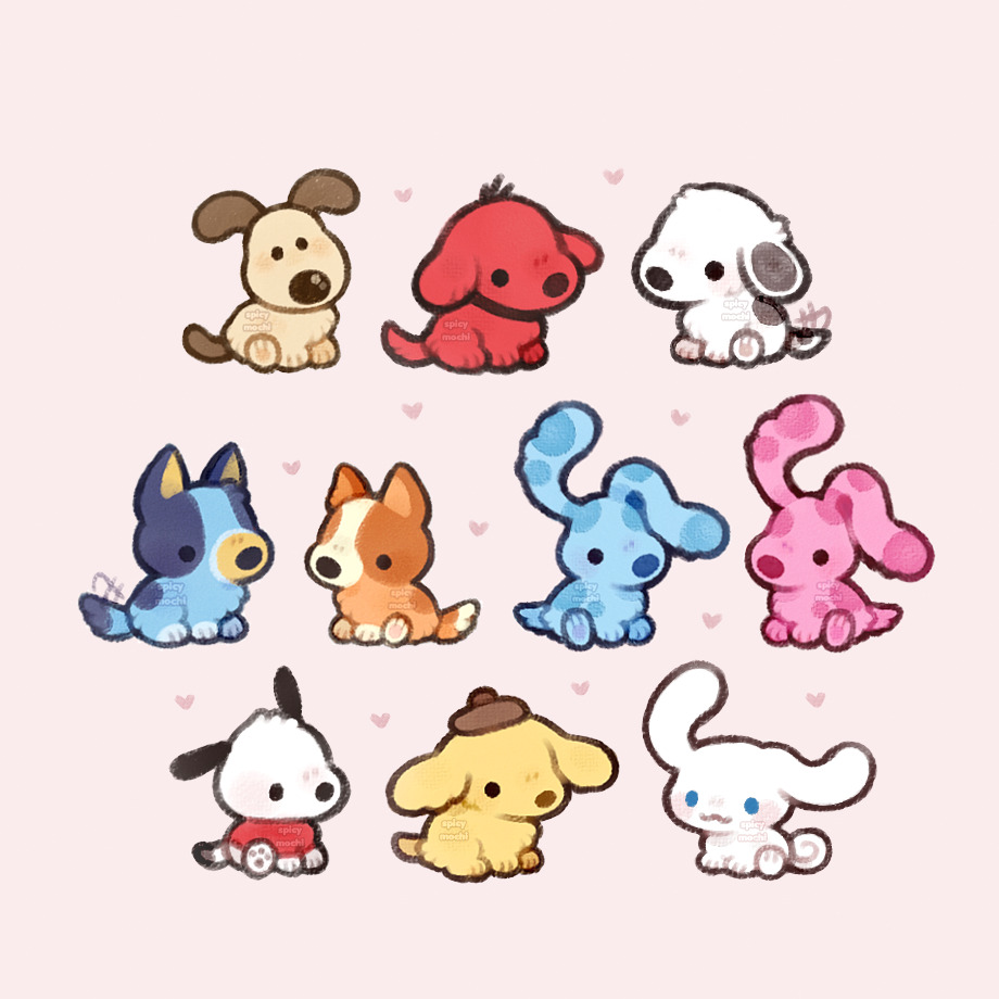 spicymochi, bingo heeler, blue (blue's clues), bluey heeler, cinnamoroll, gromit, pochacco, pompompurin, snoopy, blue's clues, bluey, peanuts (comic), sanrio, wallace & gromit, animal, artist name, brown hat, chibi, clifford (dog), clifford the big red dog, collar, dog, hat, heart, no humans, simple background, tail, tail wagging, watermark
