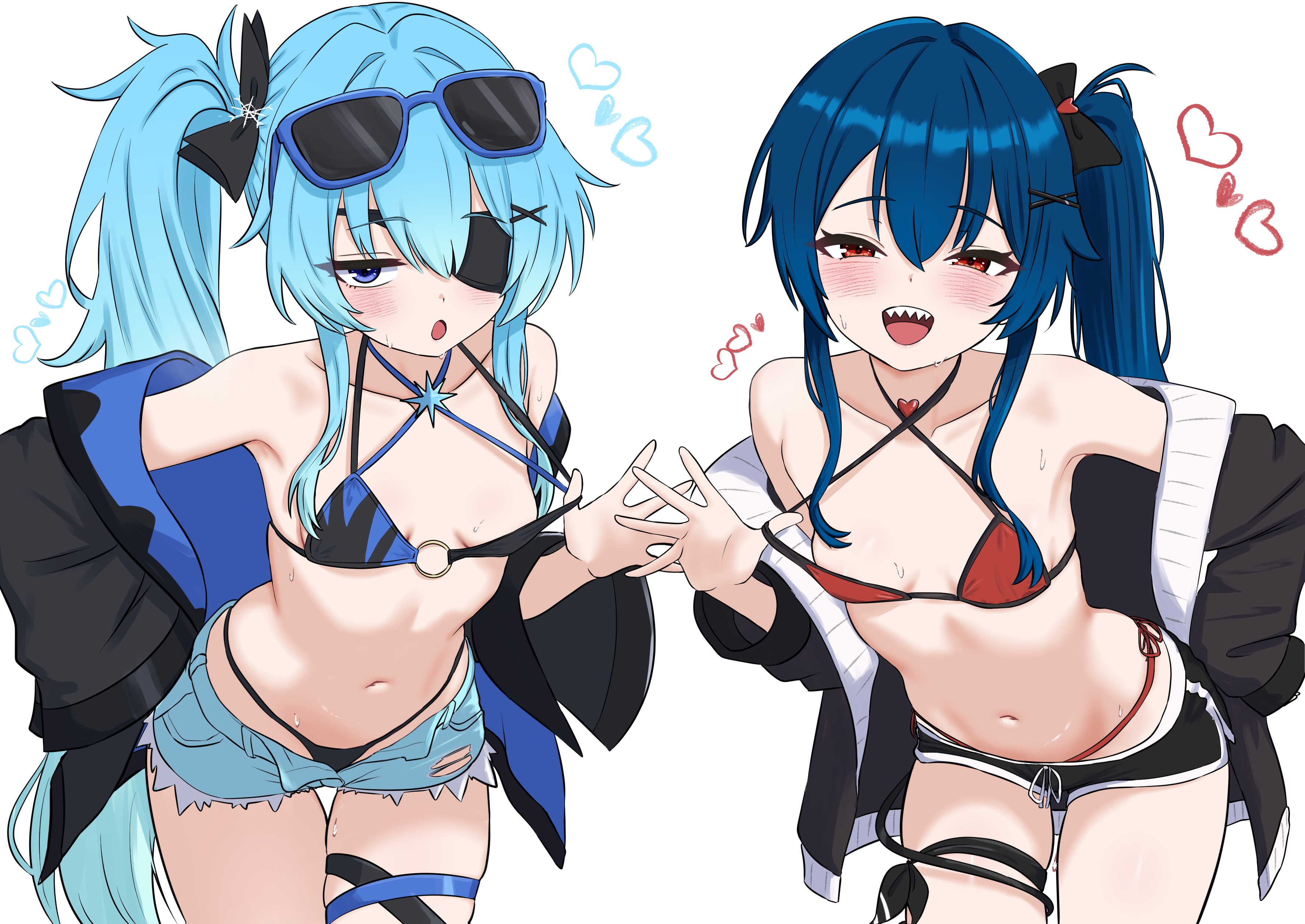 oldsickkim, original, absurdres, commission, highres, pixiv commission, 2girls, :o, armpits, bare shoulders, bent over, bikini, bikini pull, black bikini, black jacket, blue-framed eyewear, blue eyes, blue hair, blue shorts, bow, breasts, clothes pull, cowboy shot, criss-cross halter, cutoffs, denim, denim shorts, dolphin shorts, drawstring, erno (storm), eyepatch, eyewear on head, hair bow, halterneck, hand on own hip, heart, jacket, long hair, long sleeves, looking at viewer, micro shorts, multi-strapped bikini top, multiple girls, navel, o-ring, o-ring bikini, off shoulder, open clothes, open fly, open jacket, open mouth, ponytail, pulling own clothes, red bikini, red eyes, sharp teeth, short shorts, shorts, side-tie bikini bottom, side ponytail, simple background, skindentation, small breasts, smile, standing, stomach, strap pull, string bikini, sunglasses, swimsuit, tail around own leg, teeth, thigh gap, thigh strap, thighs, very long hair, wet, white background, zero (storm)