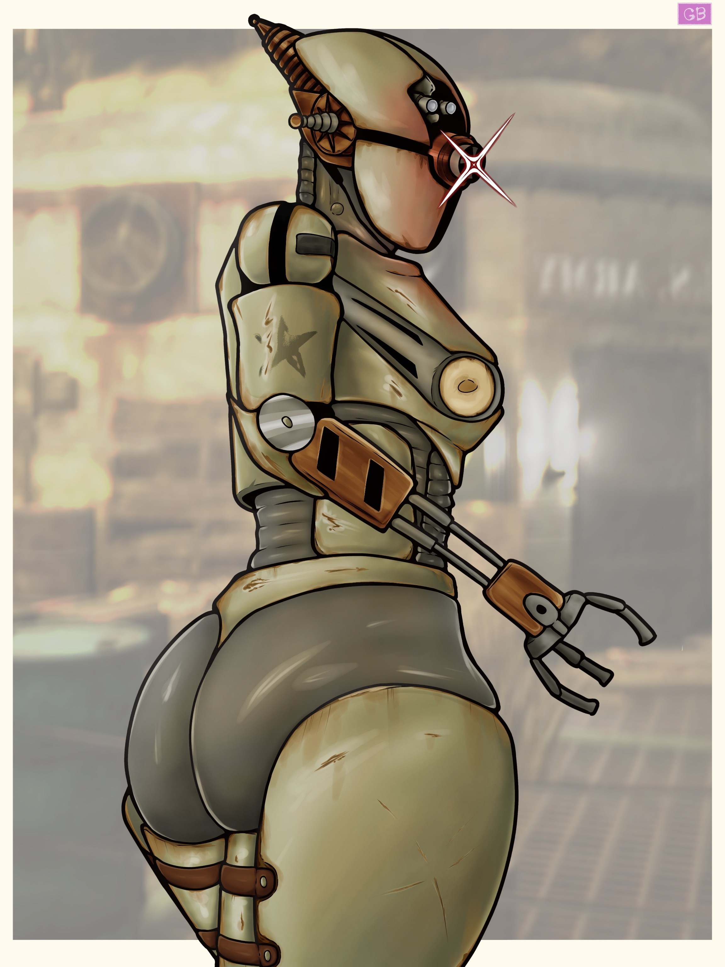 assaultron, fallout, absurdres, highres, self-upload, tagme, 1girl, ass, breasts, goldbeerg, looking at viewer, robot, robot girl, solo