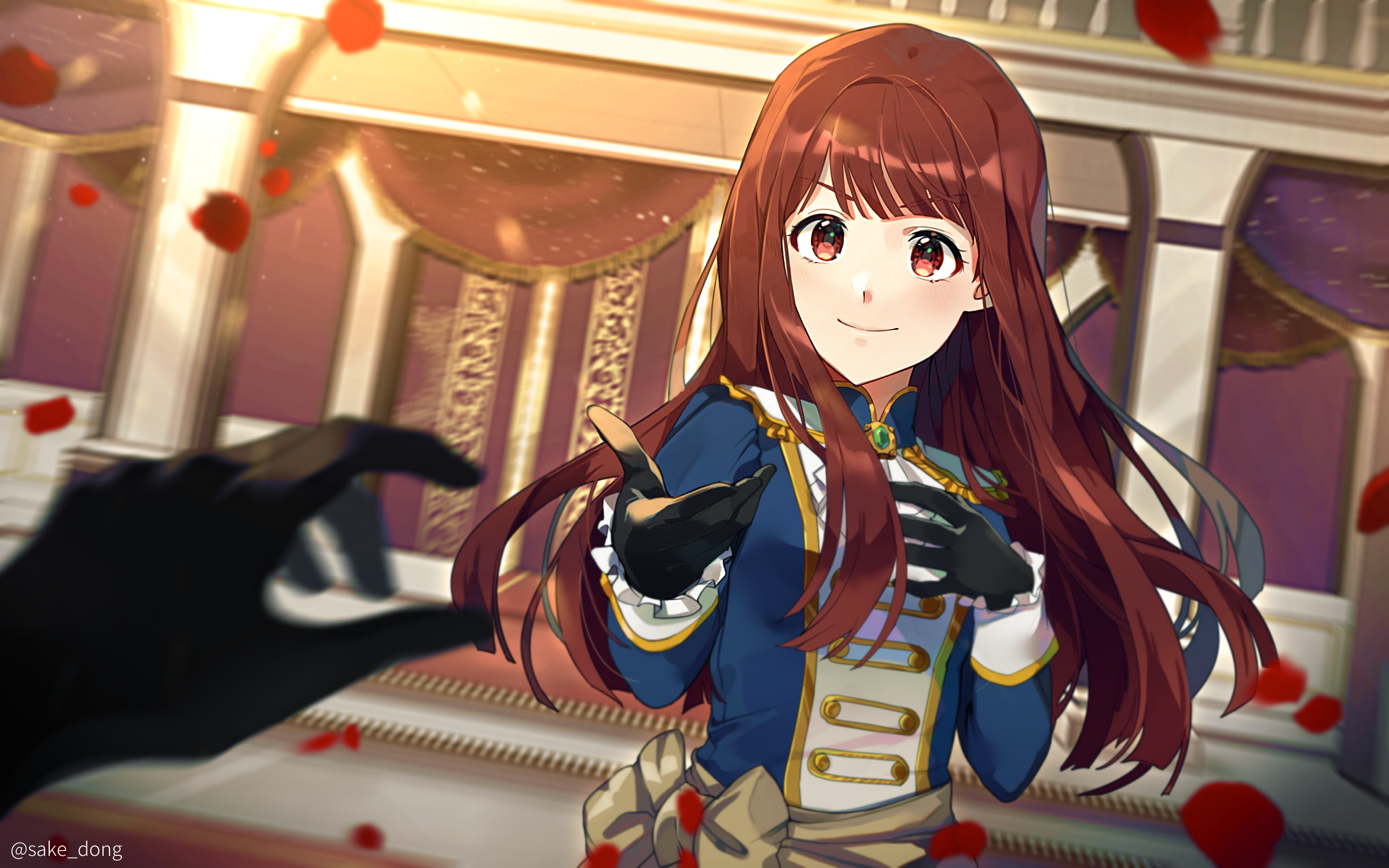 sake dong, tanaka kotoha, idolmaster, idolmaster million live!, idolmaster million live! theater days, highres, 1girl, 1other, ascot, black gloves, blue jacket, blunt ends, brown hair, closed mouth, etoile brilliant (idolmaster), falling petals, floating hair, gloves, hands up, indoors, jacket, long hair, long sleeves, official alternate costume, out of frame, petals, red eyes, red petals, rose petals, smile, solo focus, theatrical performance, twitter username, upper body, white ascot