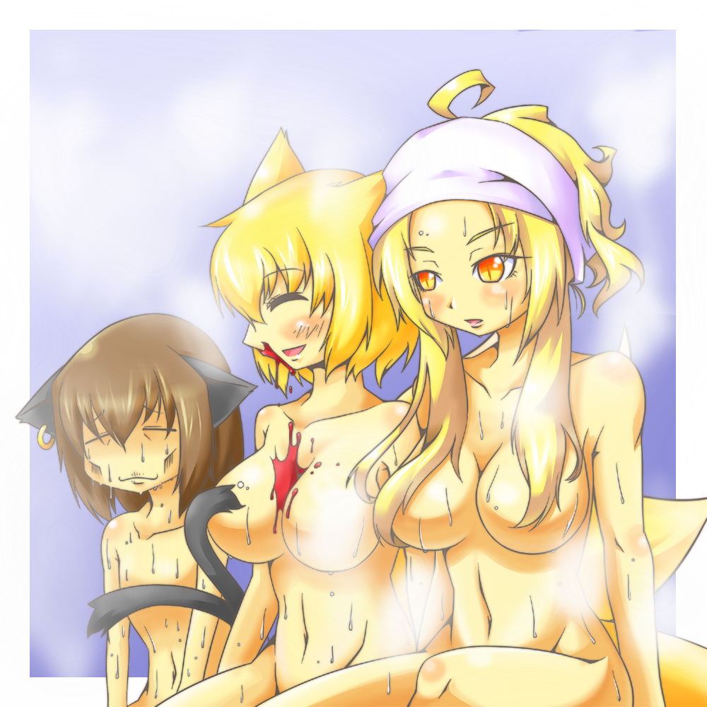 ekus (xo ekus), shuushokuna ekus, chen, yakumo ran, yakumo yukari, touhou, bad id, bad pixiv id, 3girls, animal ears, bath, blonde hair, blood, breasts, brown hair, cat ears, cat girl, cat tail, censored, convenient censoring, earrings, female focus, fox ears, fox tail, hair over breasts, jewelry, large breasts, multiple girls, nosebleed, nude, small breasts, steam, sweat, tail, tail censor, towel, towel on head, twintails, water, wet