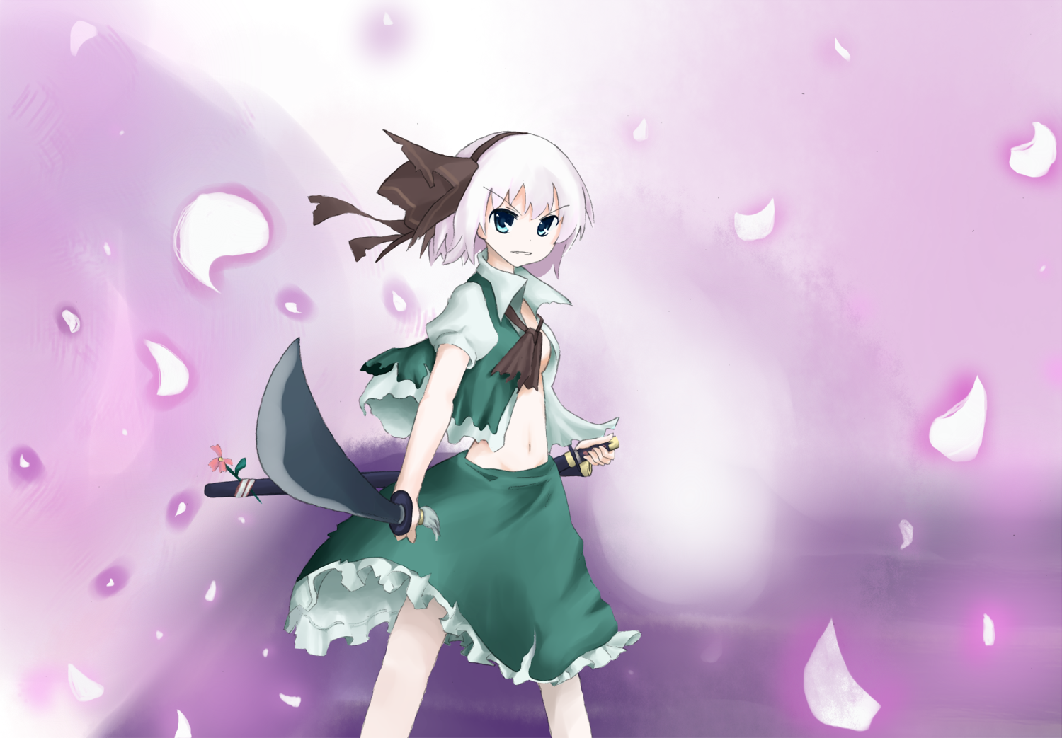 chumatan, konpaku youmu, konpaku youmu (ghost), touhou, silver hair, bad id, bad pixiv id, 1girl, female focus, ghost, hitodama, katana, ribbon, short hair, solo, sword, weapon