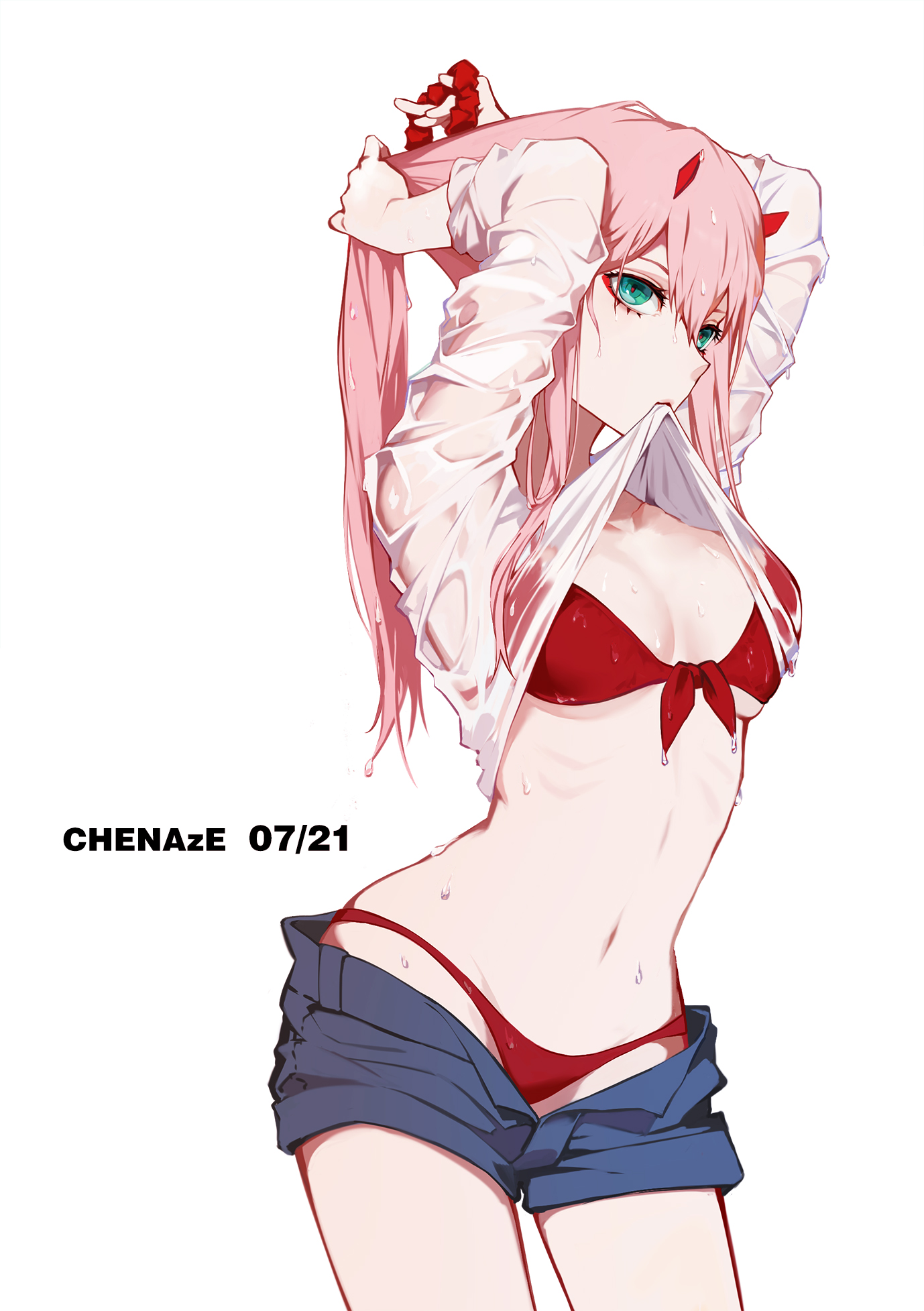 chenaze57, zero two (darling in the franxx), darling in the franxx, highres, bikini, green eyes, hair between eyes, holding, holding own hair, horns, navel, pink hair, red bikini, red horns, shirt, short shorts, shorts, swimsuit, water drop, wet, wet clothes, wet shirt