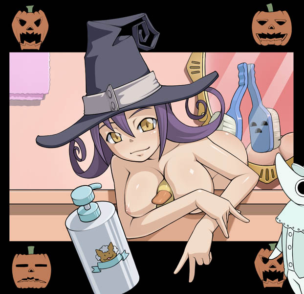 caryo, nanashino, blair (soul eater), excalibur (soul eater), soul eater, 00s, 1girl, bath, bent over, between breasts, breasts, censored, convenient censoring, hat, nude, purple hair, rubber duck, witch hat, yellow eyes