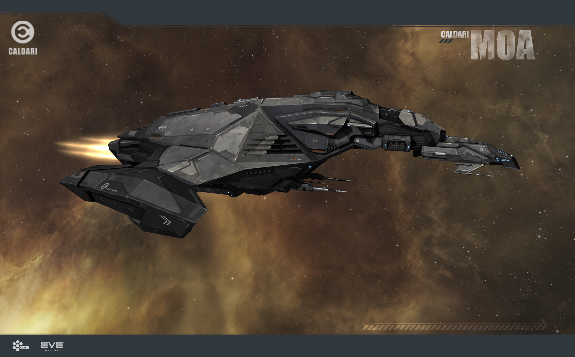 eve online, commentary, english commentary, highres, maya (medium), official art, photoshop (medium), 3d, brown background, caldari state (eve online), cloud, combat ship (eve online), company logo, company name, copyright logo, copyright name, cruiser (eve online), fire, flying, glowing, ishukone corporation (eve online), logo, military vehicle, no humans, radio antenna, realistic, science fiction, shadow, space, spacecraft, star (sky), starry sky background, thrusters, vehicle focus, vehicle name, ymir jonsson