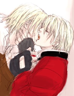 rock howard, terry bogard, fatal fury, garou: mark of the wolves, snk, the king of fighters, lowres, 2boys, blonde hair, kiss, male focus, multiple boys, yaoi