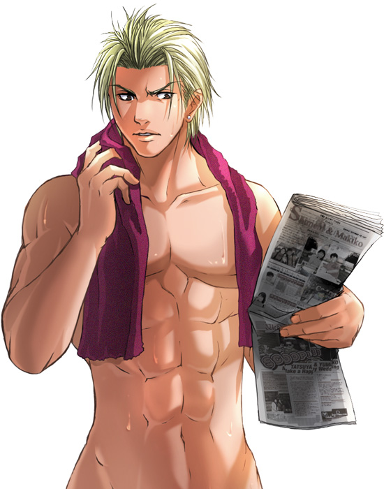 shen woo, snk, the king of fighters, 1boy, blonde hair, brown eyes, earrings, jewelry, male focus, newspaper, showering, solo, towel