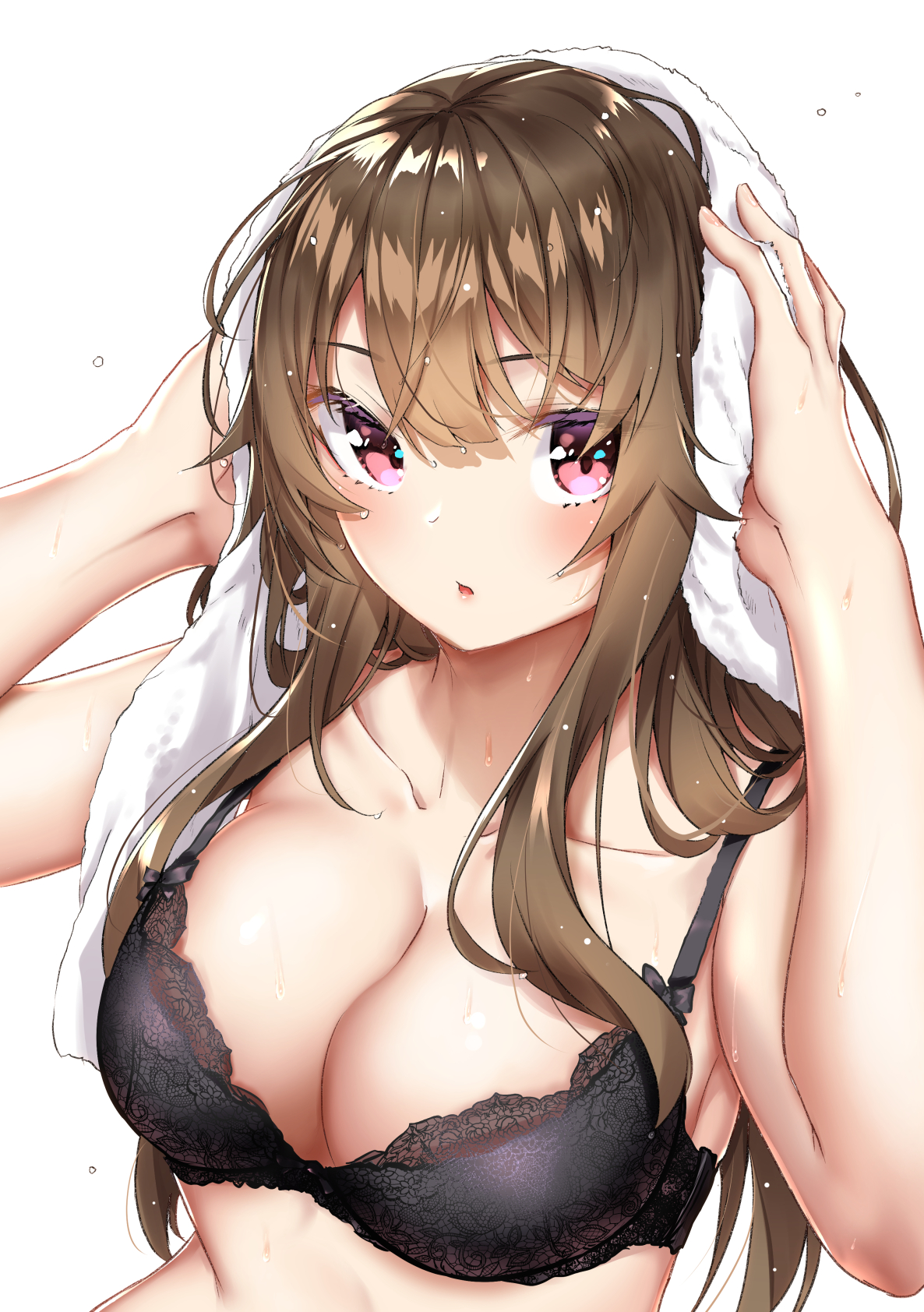 sahara386, harumachi hashira, sex and dungeon, commentary request, highres, 1girl, black bra, bra, breasts, brown hair, cleavage, drying, drying hair, drying own hair, holding, holding towel, lace, lace-trimmed bra, lace trim, large breasts, parted lips, pink eyes, simple background, solo, towel, underwear, upper body, white background