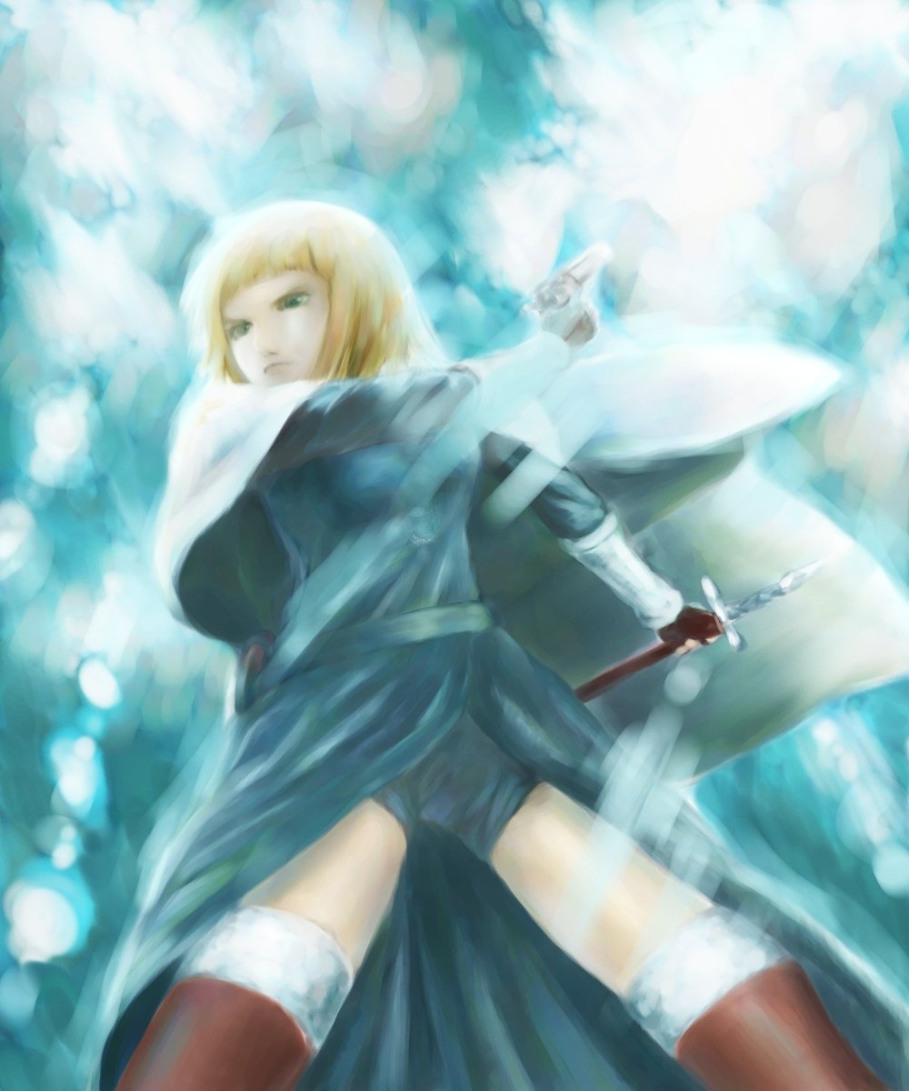 olg, agnes chevalier de milan, zero no tsukaima, bad id, bad pixiv id, highres, 00s, blonde hair, boots, cape, green eyes, solo, sword, thigh boots, thighhighs, weapon