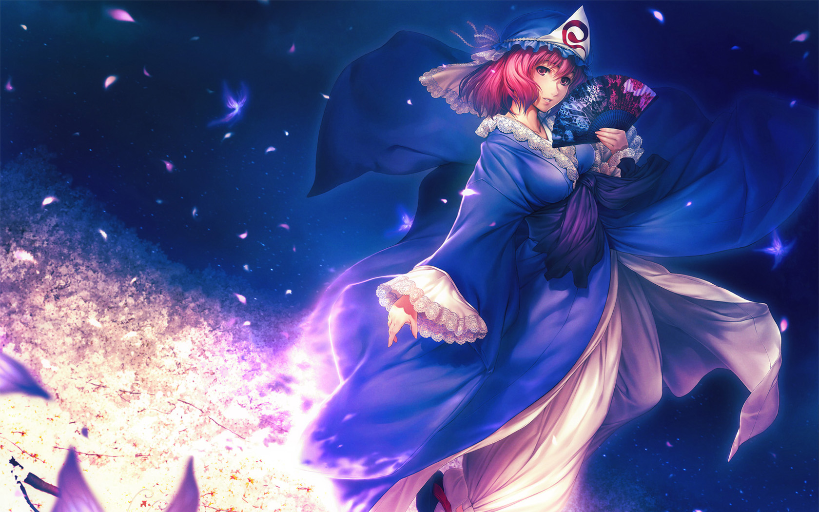 simosi, saigyouji yuyuko, touhou, highres, 1girl, breasts, cherry blossoms, female focus, folding fan, goshoguruma, hand fan, hat, japanese clothes, lace, large breasts, petals, pink eyes, pink hair, red eyes, red hair, saigyouji yuyuko's fan design, shippou (pattern), short hair, solo, tree