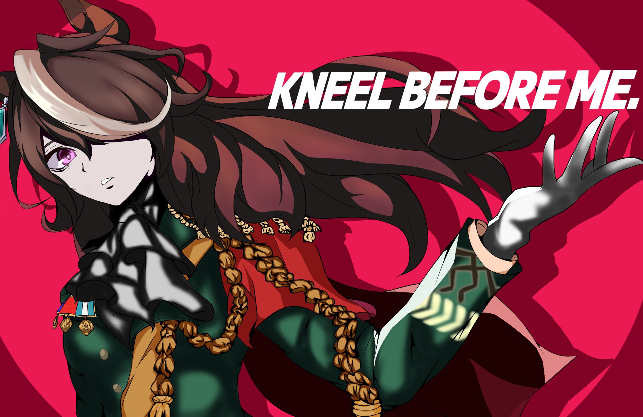 132109chisato, symboli rudolf (emperor's path) (umamusume), symboli rudolf (umamusume), persona, persona 3, persona 3 reload, umamusume, highres, 1girl, aiguillette, animal ears, ascot, brown hair, cape, ear ornament, earrings, english text, epaulettes, gloves, green jacket, hair between eyes, horse ears, horse girl, jacket, jewelry, long hair, long sleeves, looking at viewer, medal, multicolored hair, parted lips, purple eyes, red cape, side cape, single earring, single epaulette, streaked hair, upper body, white ascot, white gloves, white hair