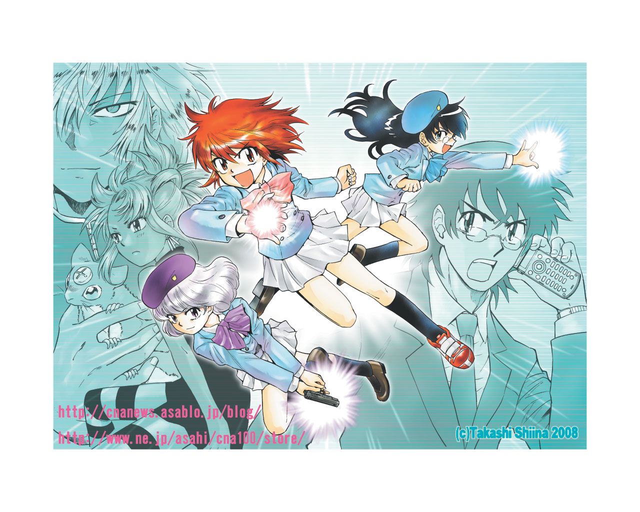 shiina takashi, akashi kaoru, hyoubu kyousuke, minamoto kouichi, mio (zettai karen children), momotarou (zettai karen children), nogami aoi, sannomiya shiho, tsukushi mio, zettai karen children, silver hair, official art, official wallpaper, 00s, 2boys, 4girls, :d, angry, beret, black hair, black socks, blush, border, brown hair, full body, hat, kneehighs, long hair, looking at viewer, multiple boys, multiple girls, open mouth, short hair, smile, socks, very long hair
