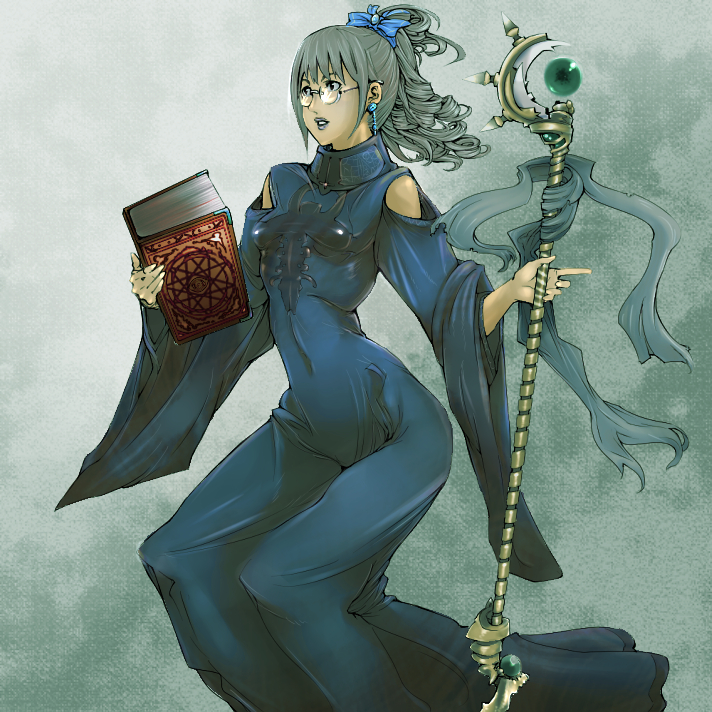 aguhari, original, silver hair, bad id, bad pixiv id, book, dress, drill hair, glasses, lipstick, makeup, solo, staff, witch