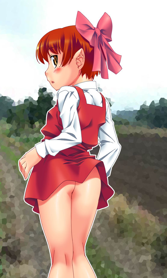 katou koban, nekomusume, gegege no kitarou, toei company, 1girl, ass, bow, female focus, loli, no panties, orange eyes, orange hair, pink bow, ribbon, short hair, solo