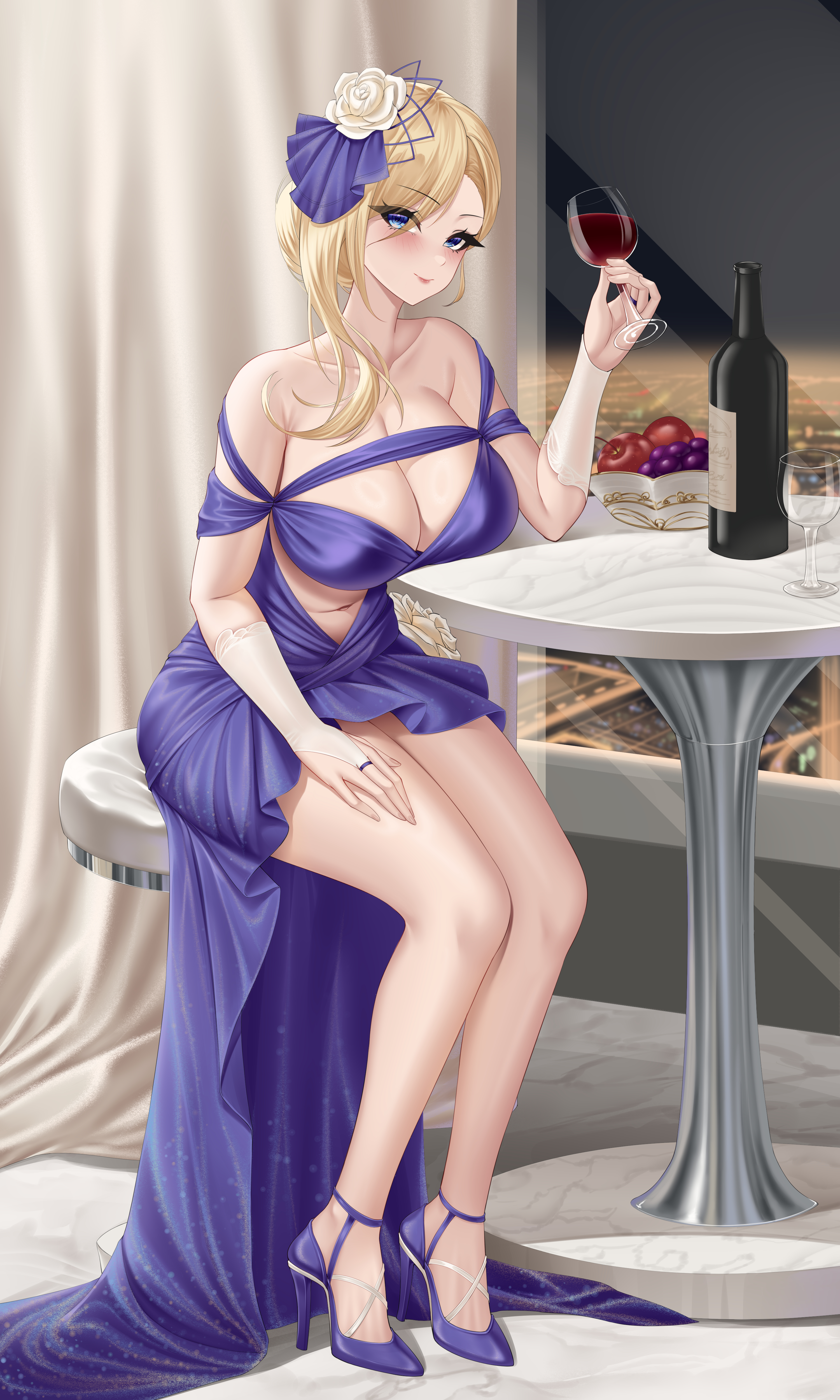 ichikushi mojibake, hood (azur lane), azur lane, absurdres, chinese commentary, commentary request, commission, highres, pixiv commission, second-party source, 1girl, alcohol, alternate costume, apple, bare legs, bare shoulders, blonde hair, blue dress, blue eyes, blue shoes, bottle, breasts, bridal gauntlets, cleavage, collarbone, cup, curtains, dress, drinking glass, flower, food, fruit, fruit bowl, full body, grapes, hair flower, hair ornament, high heels, holding, holding cup, large breasts, long dress, looking at viewer, shoes, sitting, smile, solo, stool, table, window, wine, wine bottle, wine glass