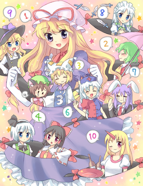 kuguri oimo, chen, hakurei reimu, hoshiguma yuugi, izayoi sakuya, kazami yuuka, kirisame marisa, konpaku youmu, reisen udongein inaba, yagokoro eirin, yakumo ran, yakumo yukari, touhou, bad id, bad pixiv id, 6+girls, animal hat, blonde hair, cup, female focus, hat, horns, long sleeves, mob cap, multiple girls, puffy short sleeves, puffy sleeves, sakazuki, short hair, short sleeves, single horn, tassel, wide sleeves